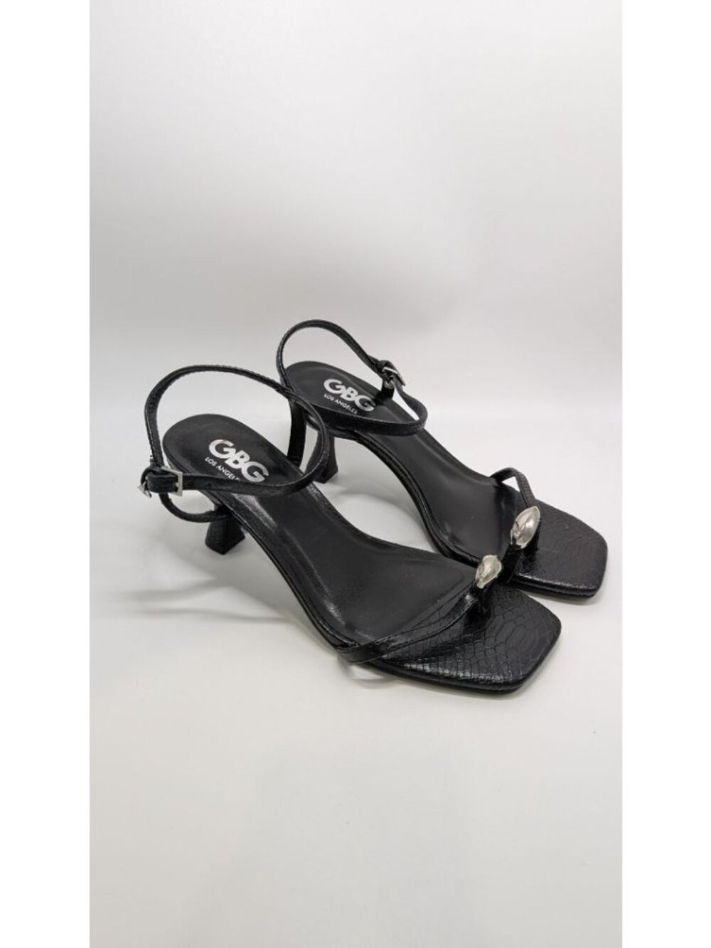 GBG Los Angeles Black Leah Snake Print Heeled Sandals